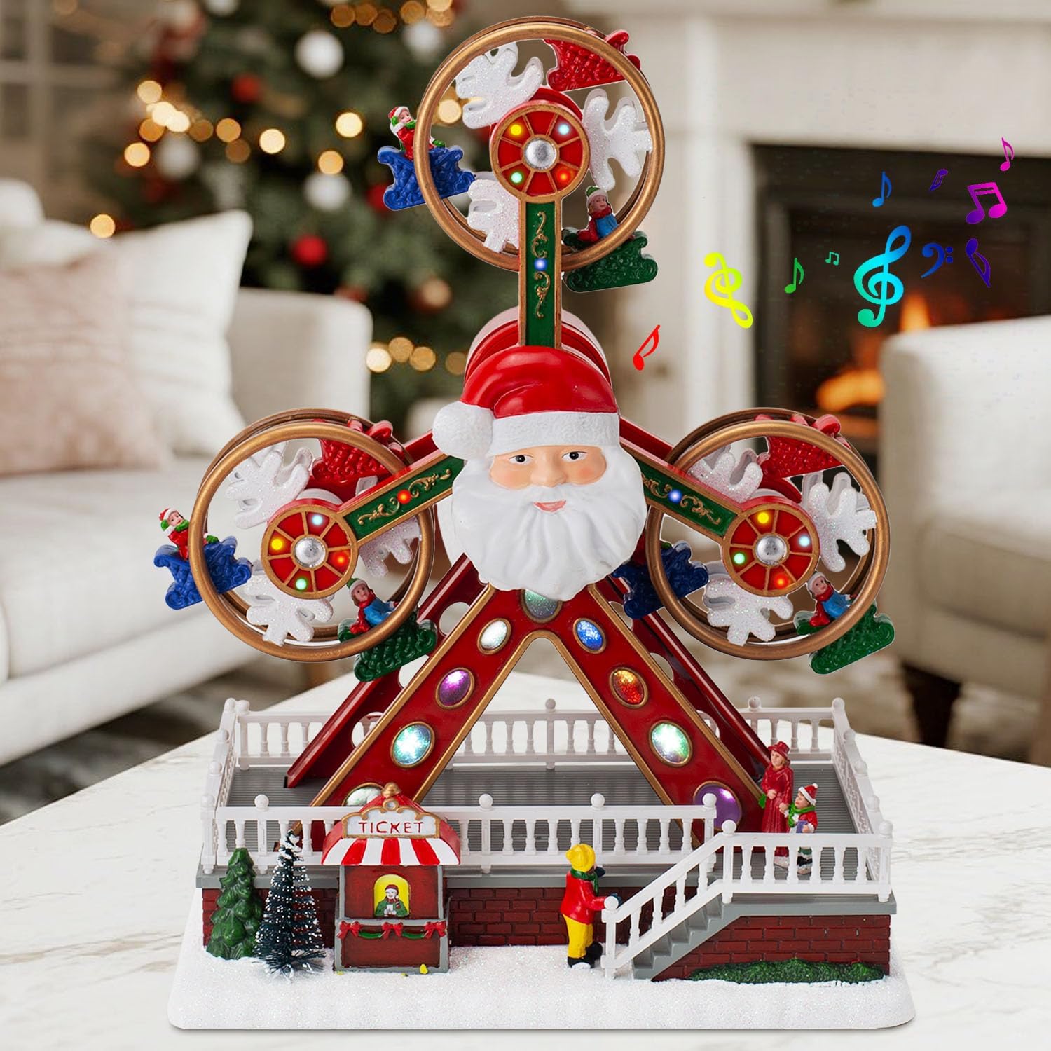 Animated Christmas Village Ferris Wheel with Santa Claus, Musical & LED Lighted Carnival Top Speed Desires Holiday Decor, USB or Battery Operated Christmas Decoration, 11.8 inches Indoor Use Only