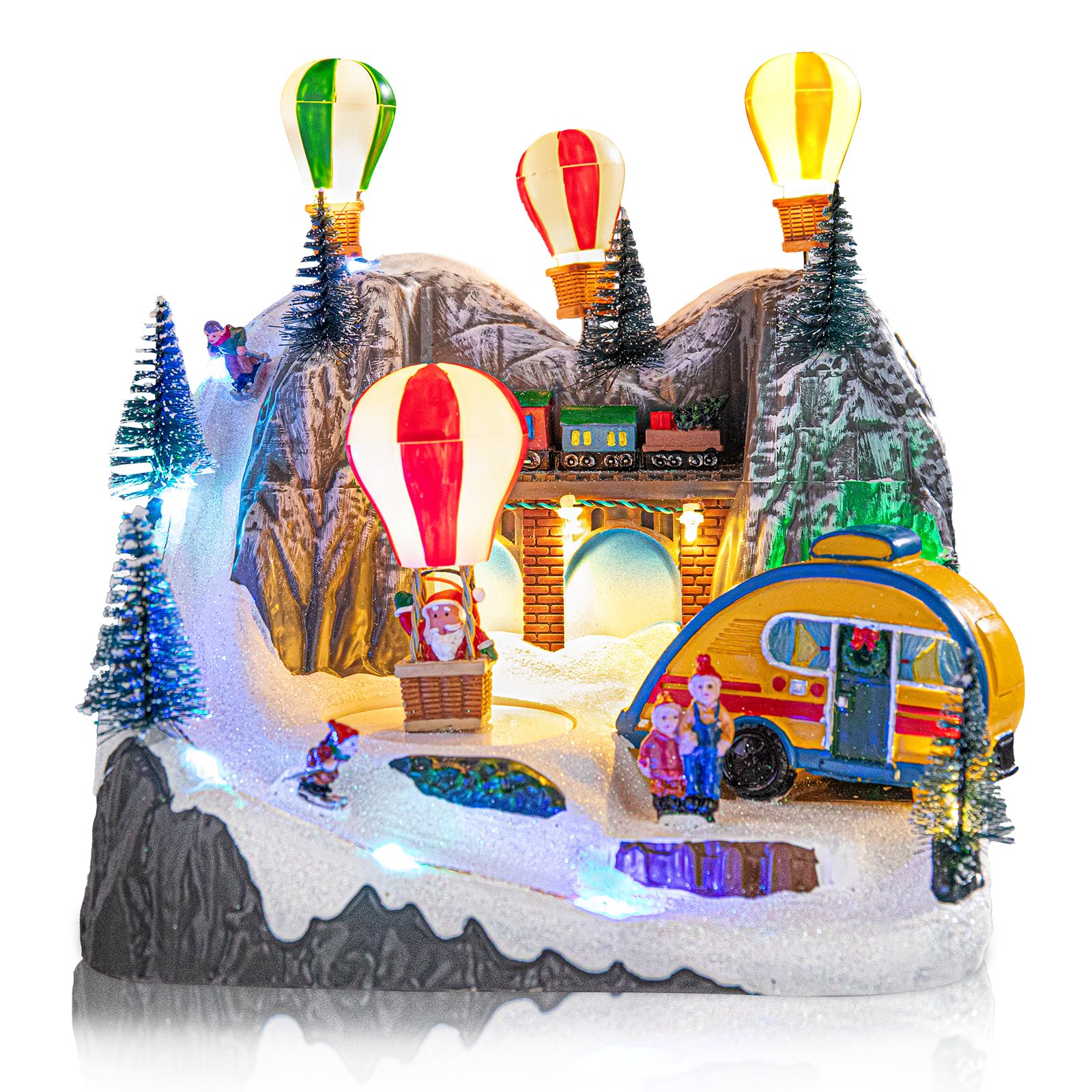VCUTEKA Christmas Village Houses, Santa Claus with Tree and Rotating Kids Skating Lighted Musical Christmas Village Collectible Building for Xmas Indoor Decorations or Holiday Table Displays