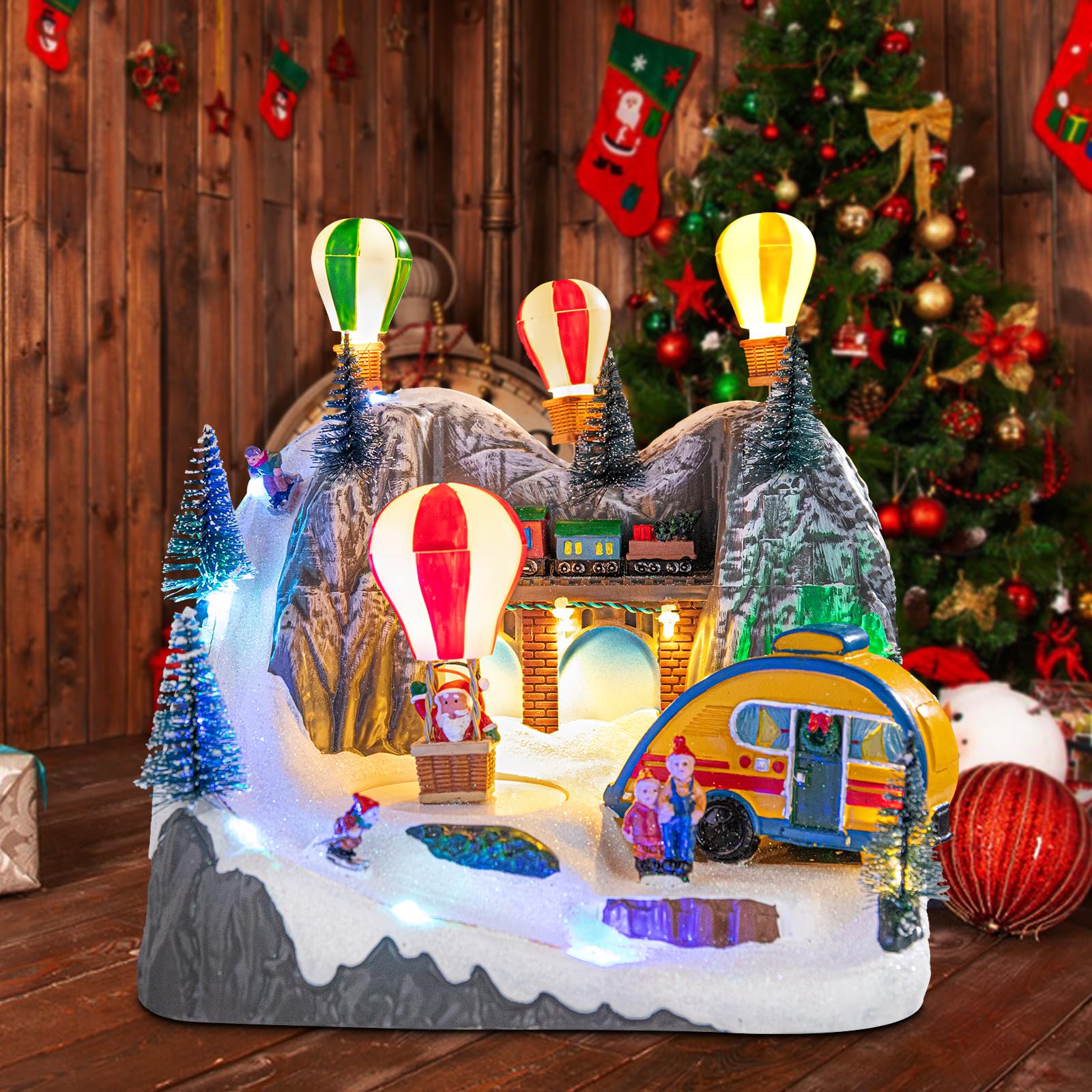Christmas Village House Musical Christmas Collectible Buildings Amusement Park Carousel Skating Ferris Wheel with LED Lights Vacation Village with USB Indoor Figurines Xmas Decoration
