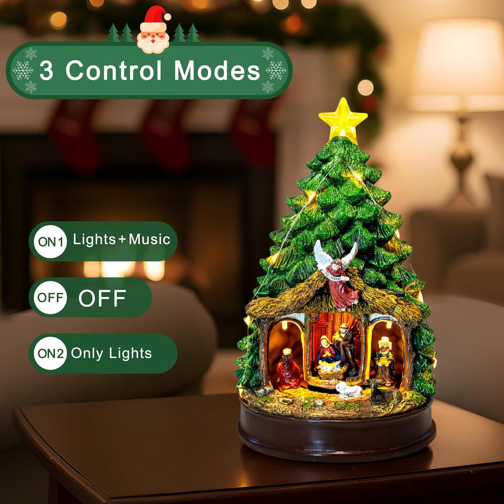 Christmas Tree Lighted and Animated Manger Nativity Scene, Musical Angel Family Figurines LED Light Play Silent Night Music, Ideal Xmas Decor Gifts and Tabletop Xmas Collection Decorations for Home