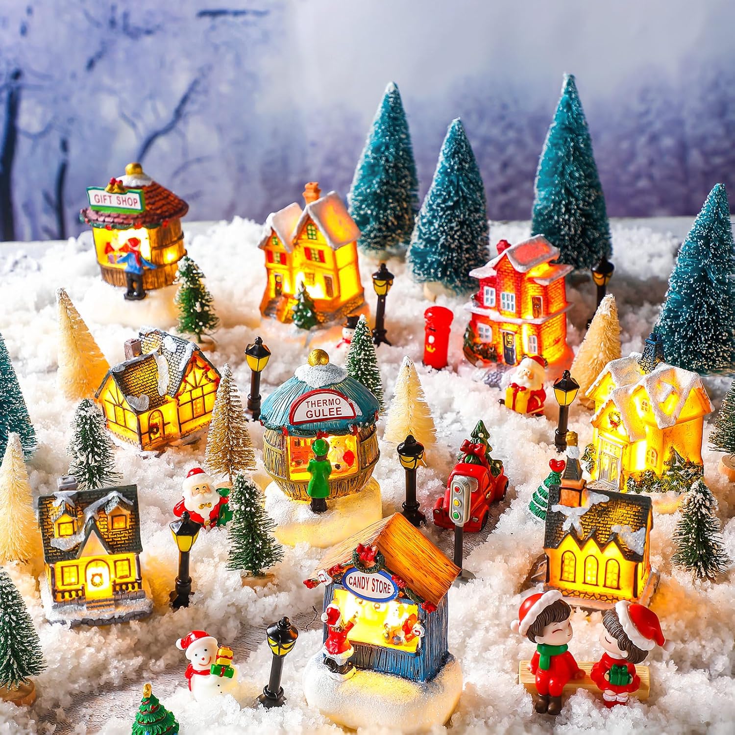 Kasyat 58 Pcs Christmas Village Sets Miniature Christmas Figurines Decoration LED Christmas Village Houses Building Resin Xmas Scene Village Accessories Ornaments for Winter Indoor Room Decor Gifts