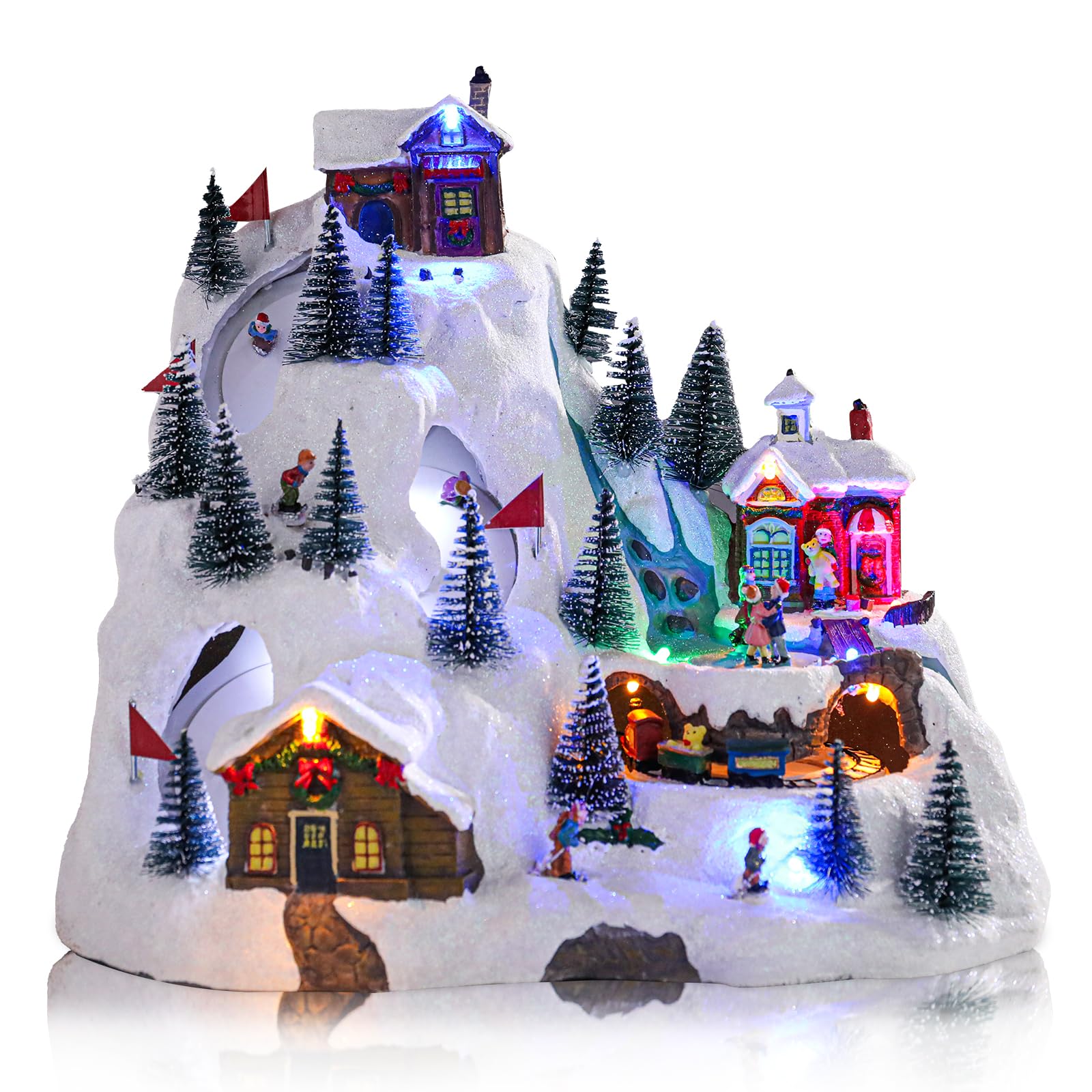 VCUTEKA Christmas Village Houses, Santa Claus with Tree and Rotating Kids Skating Lighted Musical Christmas Village Collectible Building for Xmas Indoor Decorations or Holiday Table Displays