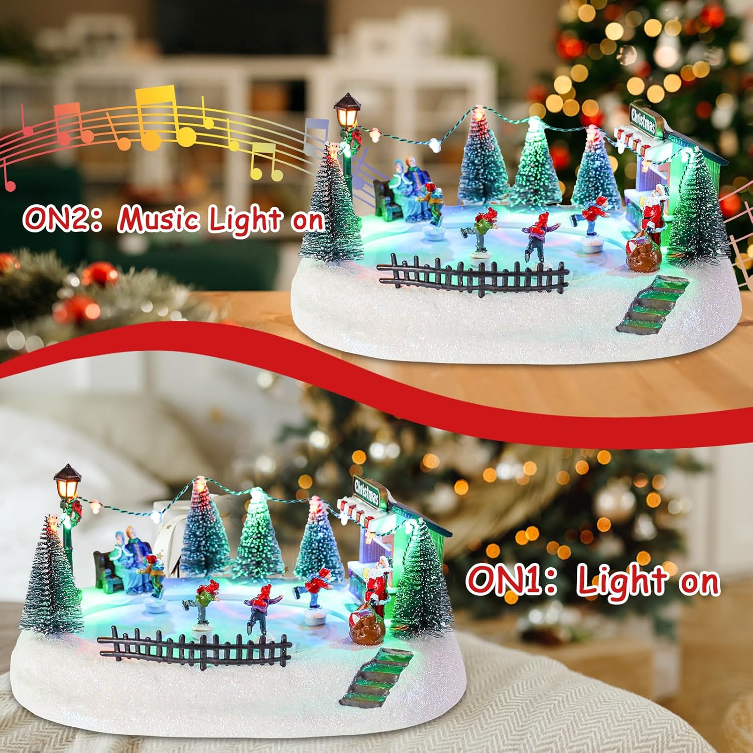 VCUTEKA Christmas Village Houses, Santa Claus with Tree and Rotating Kids Skating Lighted Musical Christmas Village Collectible Building for Xmas Indoor Decorations or Holiday Table Displays