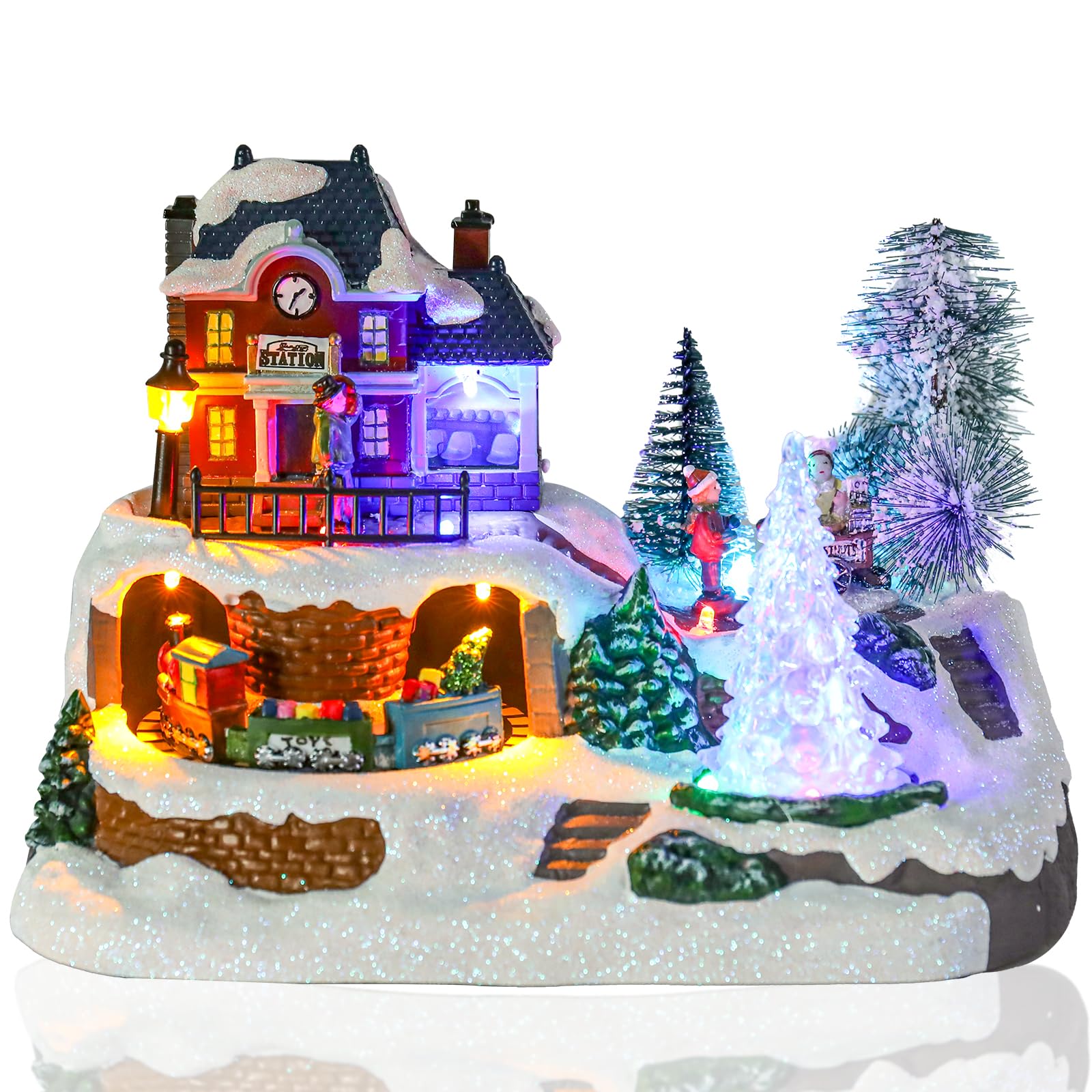 VCUTEKA Christmas Village Houses, Santa Claus with Tree and Rotating Kids Skating Lighted Musical Christmas Village Collectible Building for Xmas Indoor Decorations or Holiday Table Displays