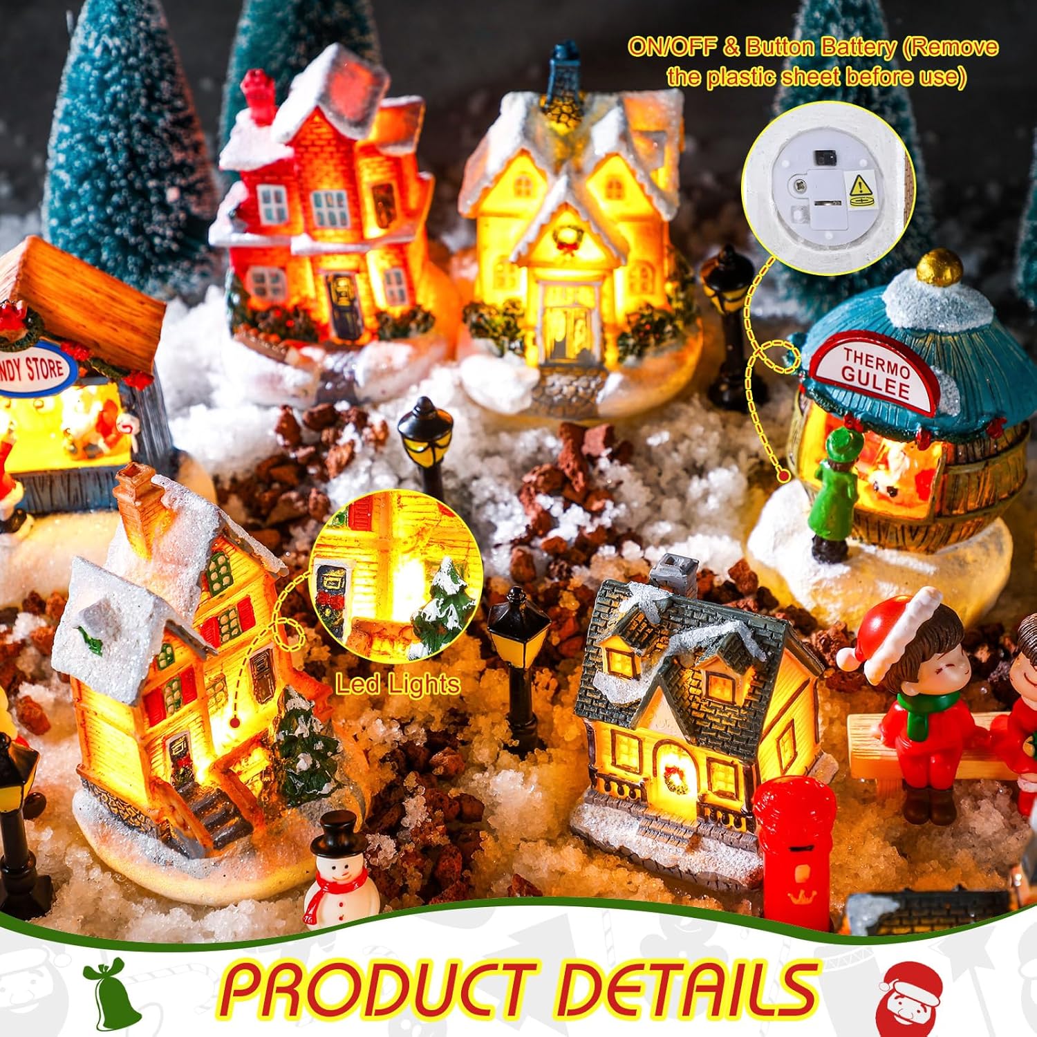 Kasyat 58 Pcs Christmas Village Sets Miniature Christmas Figurines Decoration LED Christmas Village Houses Building Resin Xmas Scene Village Accessories Ornaments for Winter Indoor Room Decor Gifts