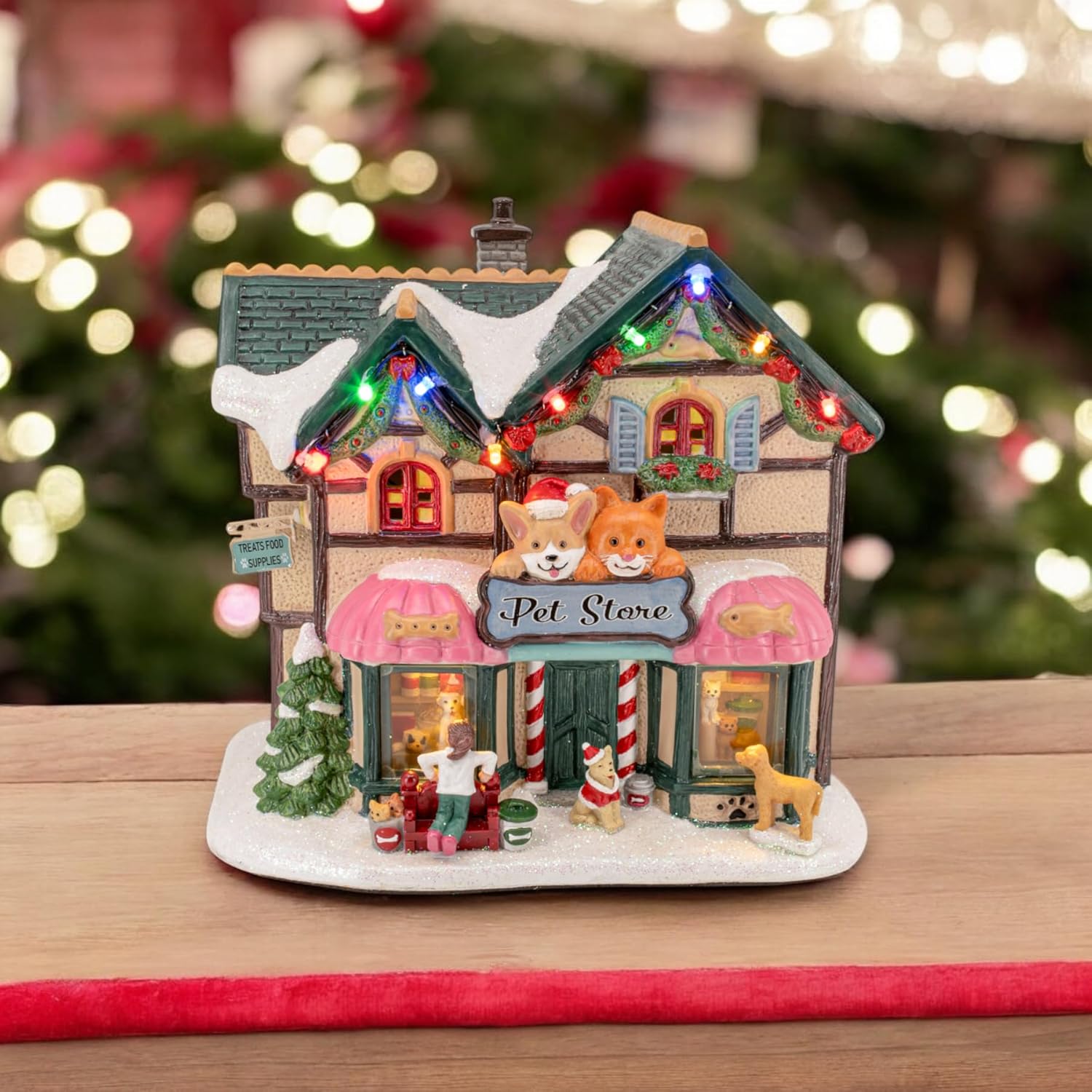 Holiday Pet Store Porcelain Christmas Village with LED Lights and Music