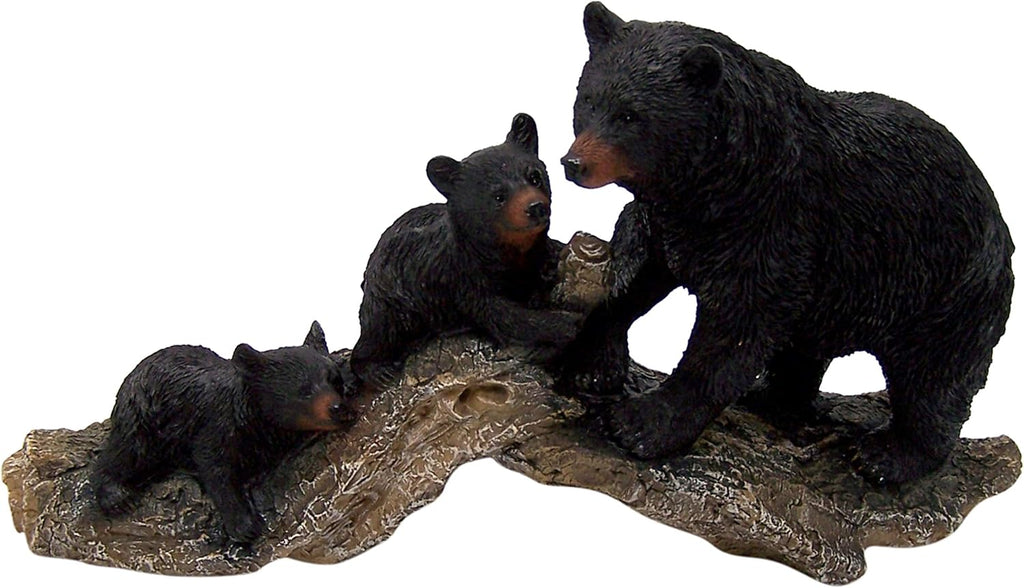 Wowser Black Bear Family Climbing on a Log Figurine Statue, Rustic Décor, 17 Inches