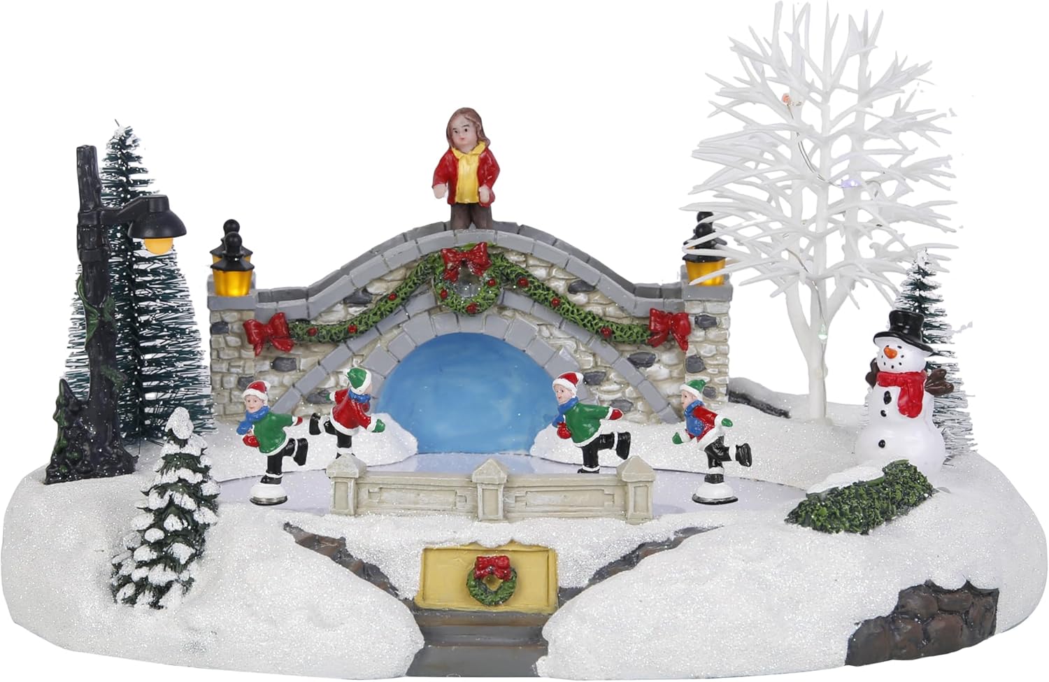 Animated Christmas Village Skating Scene, Collection Building Figurines Lights Ice Skating Rink Christmas Village Accessory, Musical by USB only.