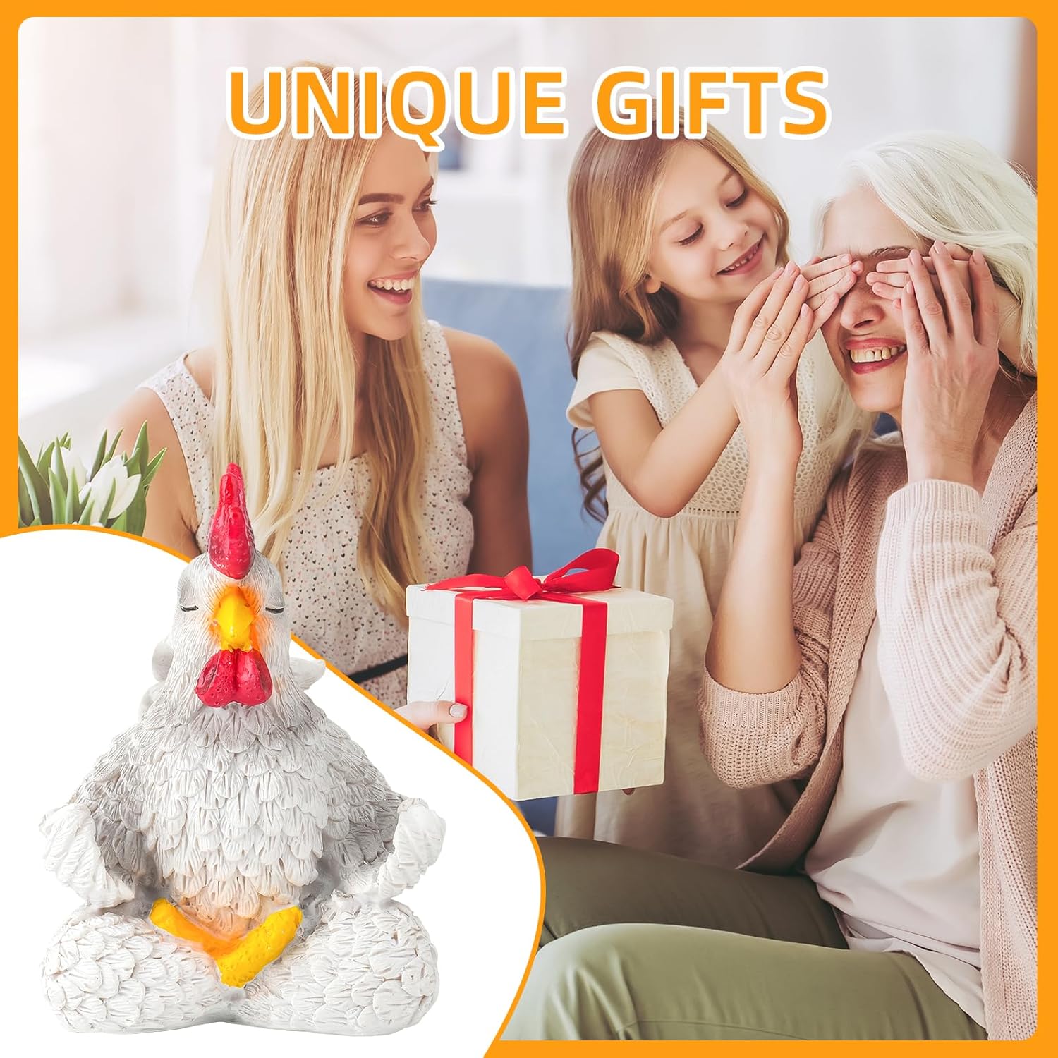 White Rooster Statue Decor for Living Room Desk Bedroom Bookshelf and Office Display, Modern Aesthetic Chicken Figurine Yoga Meditating Decoration, Unique Present for Women Christmas Birthday