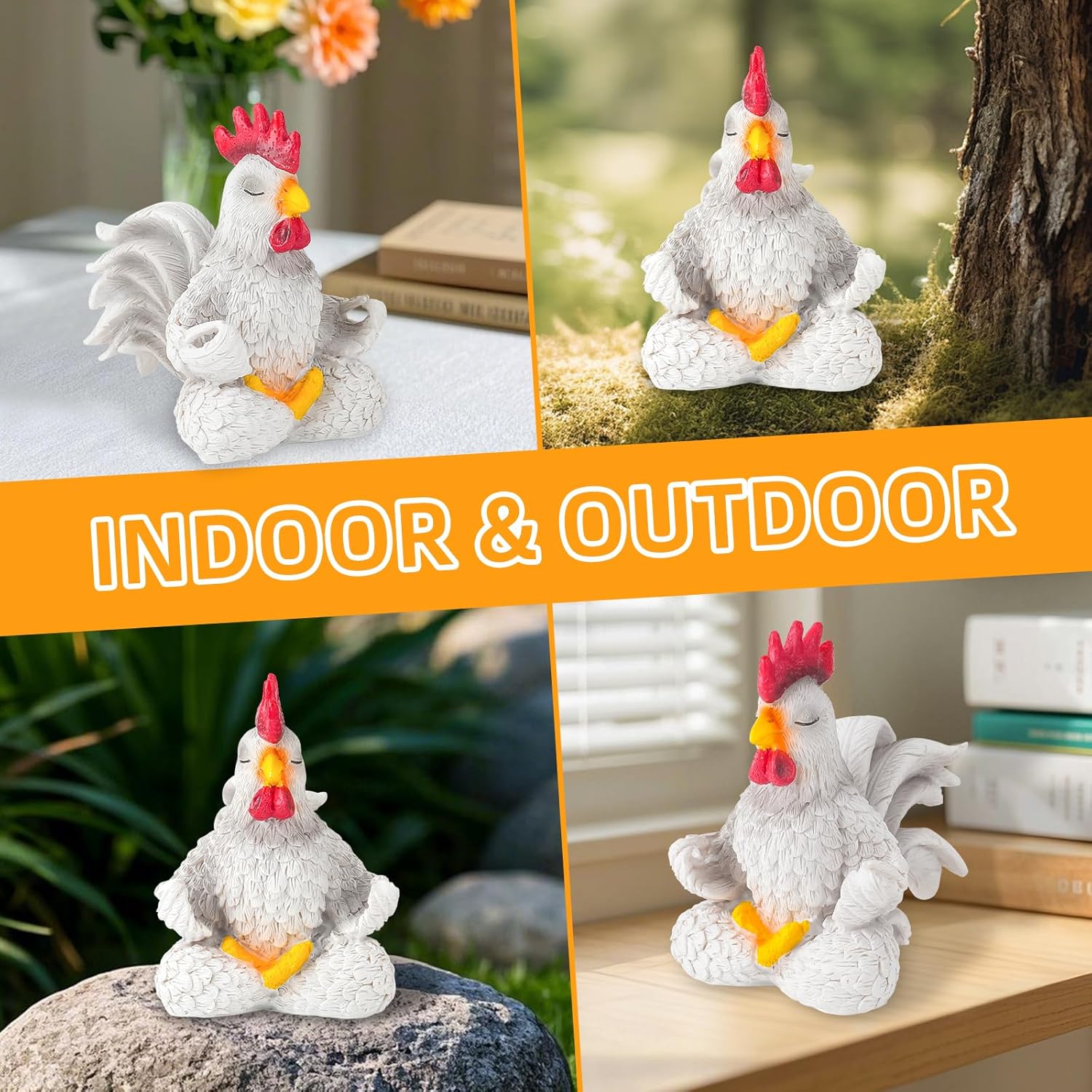 White Rooster Statue Decor for Living Room Desk Bedroom Bookshelf and Office Display, Modern Aesthetic Chicken Figurine Yoga Meditating Decoration, Unique Present for Women Christmas Birthday