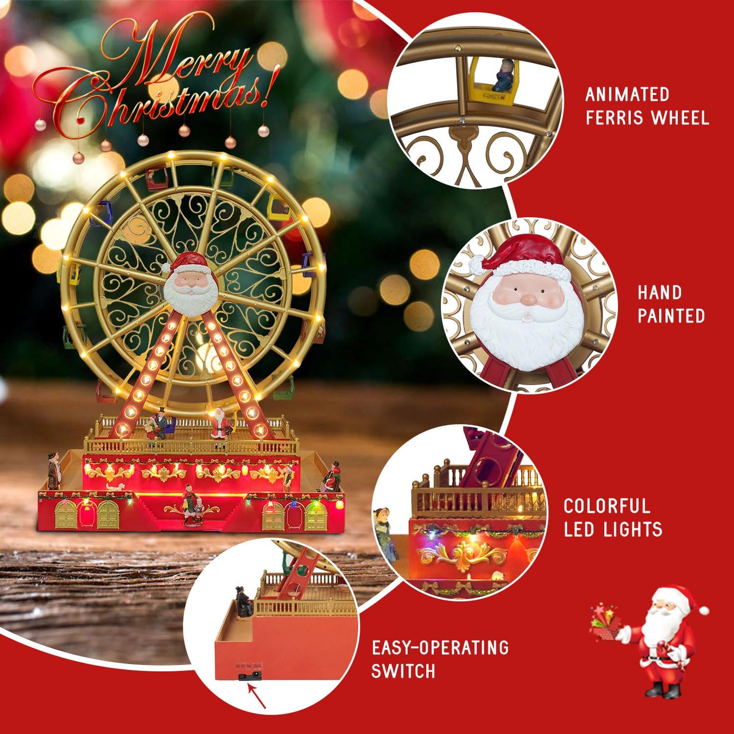 Christmas Rotating Ferris Wheel with LED Lights, 18" Big Christmas Animated Decorations, Creates Festive Atmosphere